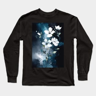 Ethereal Blooms: White Flowers on Blue Long Sleeve T-Shirt